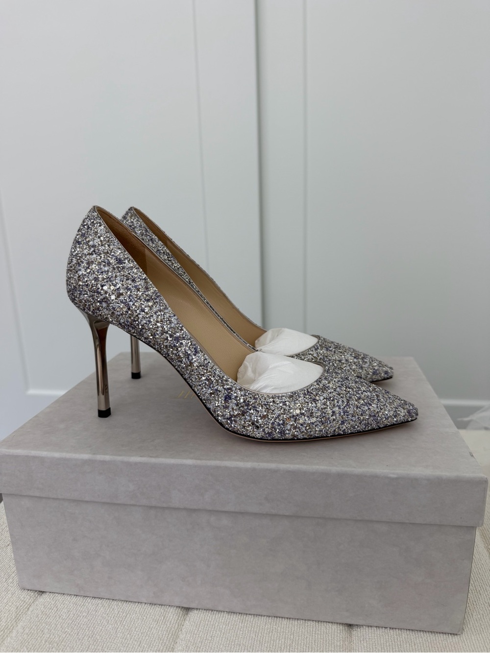 Jimmy Choo Romy 85 Silver Glitter Pointed-Toe Stiletto Pumps with White Detail